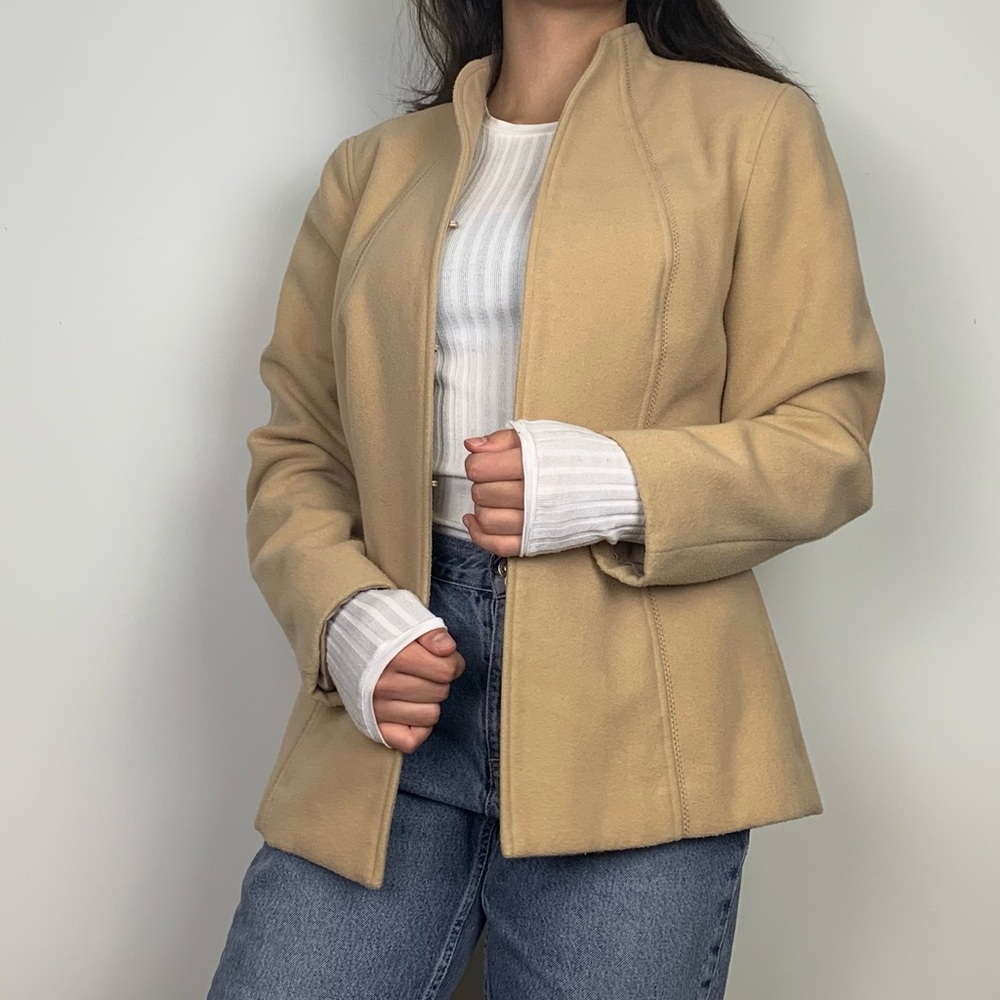 Chico's Camel Fleece Structured Open Front Hook C… - image 1